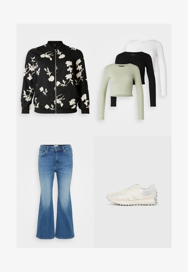Vero Moda Curve VMNEWHALLIE - Blusão aviador - black/paya; Even&Odd Petite 3 PACK - Camisola de manga comprida - black/white/light green; Jeans de denim azul com corte flare e cintura média, apresentando cinco bolsos e detalhes desbotados, feitos de um tecido de algodão durável.; Ténis de perfil baixo creme e prateado com atacadores e sola texturizada, visto de lado contra um fundo branco simples.