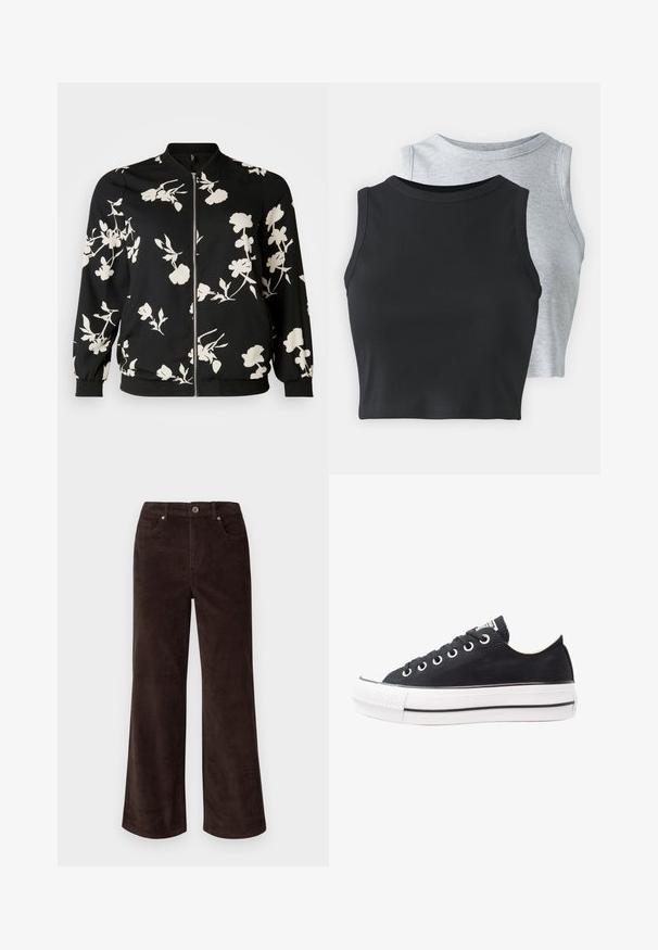 Vero Moda Curve VMNEWHALLIE - Bombera - black/paya; Even&Odd Petite 2 PACK - Top - light grey/black; Vero Moda Petite VMTESSA PANTS - Nohavice - chocolate torte; Čierne plátenné tenisky s bielou gumovou podrážkou, okrúly špic, nízky dizajn, kovové očká a textúrovaný špic. Tenký čierny pruh pozdĺž podrážky.