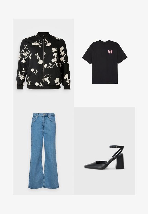Vero Moda Curve VMNEWHALLIE - Bomber Jacket - black/paya; Black cotton t-shirt with short sleeves, featuring a small pink butterfly graphic on the left chest. Crew neck design with a relaxed fit.; Light blue flared jeans made of denim, featuring a high waist, five pockets, and a single button closure. Soft texture with faded finish.; Black leather pointy-toe pump with an ankle strap and a chunky heel. Flat texture, sleek design, and minimalistic aesthetics.