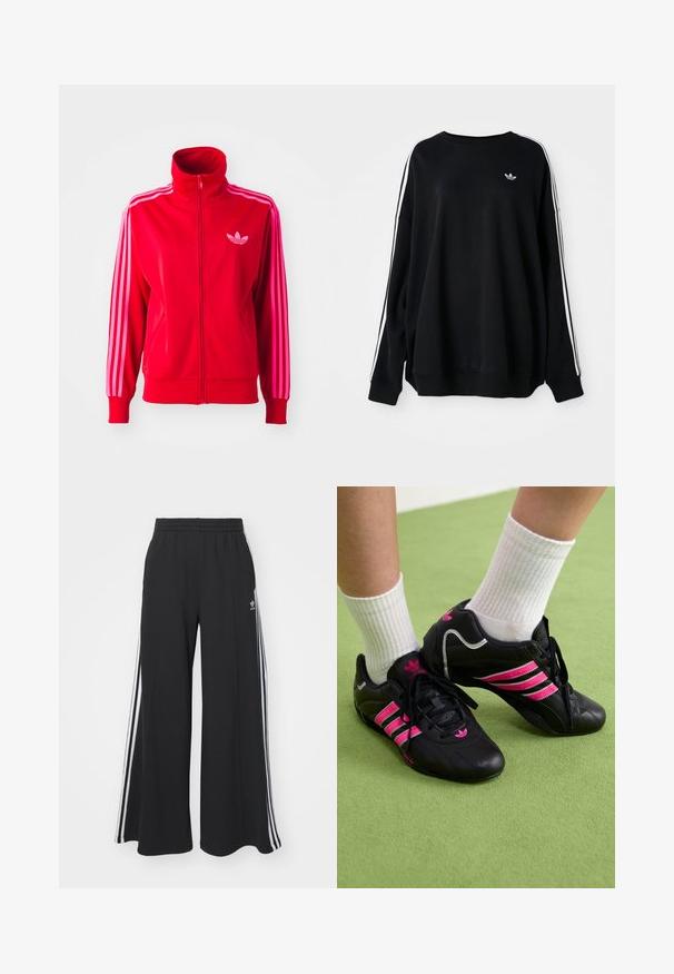 Jaqueta atlética vermelha feita de tecido suave, com gola alta, zíper completo e três riscas cor-de-rosa em cada manga. Pequeno logo no peito.; Sweatshirt oversized preto em tecido suave, com riscas brancas nas mangas e um pequeno logótipo no peito. Decote redondo.; Calças de suor largas e pretas com uma cintura elástica, apresentando riscas brancas nas laterais e um logótipo bordado na coxa esquerda.; Sapatos atléticos pretos com três riscas rosas, parte superior em couro texturizado, atacadores pretos e detalhe do logótipo, combinados com meias brancas com nervuras sobre uma superfície verde.