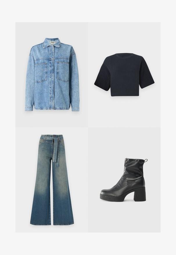 Világoskék farmerdzseki hosszú ujjakkal, gombos záródással, két elülső zsebbel és klasszikus gallérral. Látható varrási részletekkel.; Sötét tengeri kék, rövid fazonú, kötött pulóver bordás textúrával, rövid, széles ujjal és kerek nyakkivágással. Egyszerű dizájn, nincsenek látható minták vagy díszítések.; Bőszárú farmernadrág, világos és sötétkék árnyalatokkal, magas derekú, övgyűrűkkel és a nadrággal megegyező anyagú övvel. Textúrált farmer kivitel.; Fekete bokacsizmák sima bőrből, oldalsó cipzárral, vastag, texturált sarkú és lekerekített orrú dizájnnal.
