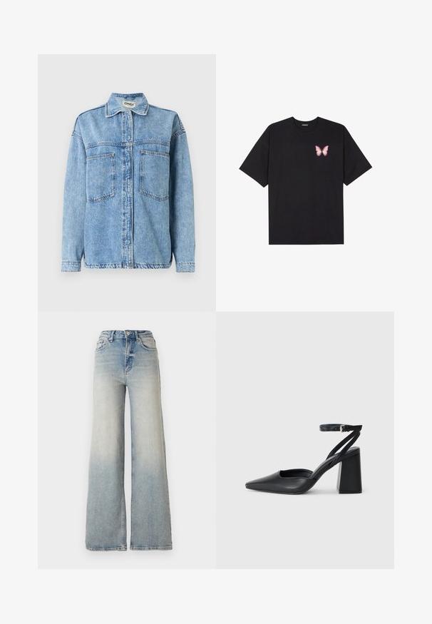 Svetlomodrá rifľová bunda s dlhými rukávmi, zapínaním na gombíky, dvoma prednými vreckami a klasickým golierom. Má viditeľné švy.; Čierne bavlnené tričko s krátkymi rukávmi, s malým ružovým motýlikom na ľavej hrudi. Design s okrúhlym výstrihom a uvoľneným strihom.; Svetlomodré džínsy s širokými nohavicami vyrobené z denimu, s vysokým pásom, piatimi vreckami a viditeľnými stehmi pozdĺž švov.; Čierne kožené lodičky s špicatou špičkou a členkovým remienkom, s masívnym podpätkom. Hladký povrch, elegantný dizajn a minimalistická estetika.