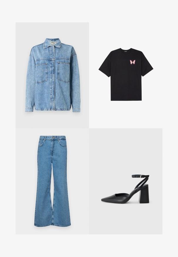Chaqueta de mezclilla azul claro con mangas largas, cierre de botones, dos bolsillos delanteros y cuello clásico. Presenta detalles de costuras visibles.; Camiseta de algodón negra de manga corta, con un pequeño gráfico de mariposa rosa en el lado izquierdo del pecho. Diseño de cuello redondo con un corte relajado.; Jeans acampanados de color azul claro hechos de denim, con una cintura alta, cinco bolsillos y un cierre de botón. Textura suave con acabado desgastado.; Zapato de tacón puntiagudo de cuero negro con tira en el tobillo y tacón ancho. Textura plana, diseño elegante y estética minimalista.