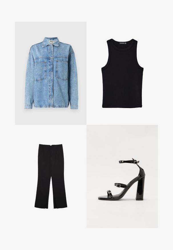 Ljusblå denimjacka med långa ärmar, knäppning framtill, två fickor fram och en klassisk krage. Har synliga söm-detaljer.; Svart linne i bomull, med rund halsringning och breda armhål. Slät yta med sydda fållar. Klassisk, minimalistisk design.; Svarta byxor med rak passform, utrustade med framfickor och sidoklyvningar vid fållen. Tillverkade av mjukt, slätt tyg. Lämpliga för olika tillfällen.; Svarta lackerade högklackade sandaler med två spännband, fyrkantig tå och en tjock klack, med en slät och glansig yta.