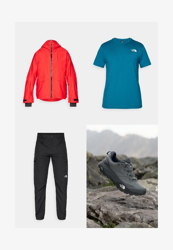 Rød vanntett jakke med hette, med glidelås foran og to store brystlommer. Ermer har svarte detaljer og justerbare lukkinger.; Teal kortermet t-skjorte laget av myk bomull, med en hvit logo trykket på venstre bryst og en klassisk rund hals design.; The North Face HORIZON PANT - Friluftsbukser - black; Grå terrengløpesko med en teksturert overdel, slitesterk gummisåle og forsterket tåhette. Inkluderer snørebånd og merkevarelogo på siden.