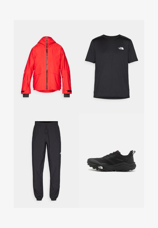 Jachetă impermeabilă roșie cu glugă, dotată cu fermoar frontal și două buzunare mari pe piept. Mansetele au accente negre și închideri ajustabile.; Tricou negru cu mânecă scurtă, realizat dintr-un material ușor. Prezintă un mic logo alb pe pieptul stâng și accente subtile pe umeri.; Pantaloni atletici negri, confecționați dintr-un material ușor, cu un tiv elastic la talie, buzunare laterale și tivuri ajustate la gleznă.; Pantofii de alergare pe teren accidentat, de culoare neagră, cu un superior texturat, talpă din cauciuc și vârf întărit. Prezintă un guler căptușit și o bandă de prindere pentru îmbrăcare ușoară.