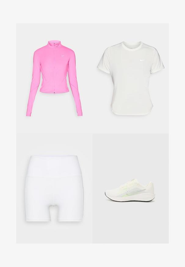 Veste de sport rose avec col montant, manches longues et fermeture éclair à l'avant. Présente un petit logo en argent sur la poitrine gauche. Texture lisse.; T-shirt Nike en blanc, à manches courtes, col rond, fabriqué dans un tissu lisse et léger. Présente un logo discret sur la poitrine.; Shorts blancs taille haute en tissu extensible. Fabriqués avec une texture lisse et un design ajusté, sans motifs ni accessoires supplémentaires.; Nike Performance DOWNSHIFTER 13 - Chaussures de running sur route - sail/silver-coloured photon dust/summit white/barely volt/black