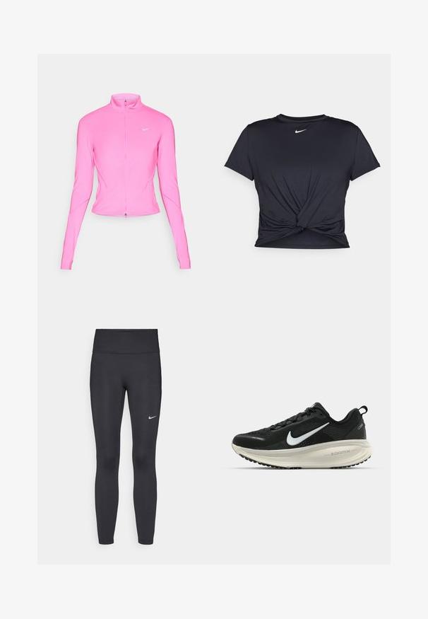 Veste de sport rose avec col montant, manches longues et fermeture éclair à l'avant. Présente un petit logo en argent sur la poitrine gauche. Texture lisse.; T-shirt de sport noir en tissu lisse, avec un design avant noué et un petit logo Nike blanc sur la poitrine.; Leggings noirs en tissu extensible, dotés d'une taille haute et d'un logo Nike blanc sur la cuisse gauche. Texture lisse, design ajusté.; Baskets de course noir Nike avec tige respirante en mesh, logo swoosh blanc, détails texturés et semelle intermédiaire ZoomX de couleur crème.