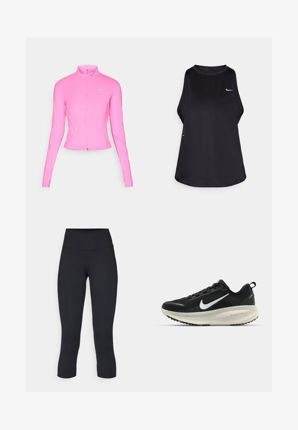 Chaqueta deportiva rosa con collar alzado, mangas largas y cremallera frontal. Presenta un pequeño logo plateado en el lado izquierdo del pecho. Textura suave.; Camiseta de running sin mangas en color negro, fabricada con material ligero y con cuello redondo; cuenta con un logo sutil y aberturas laterales para mayor transpirabilidad.; Leggings negros cortos hechos de tela elástica, con una cintura alta y una textura suave, sin patrones o herrajes visibles.; Zapatilla de running Nike negra con parte superior de malla transpirable, logo Swoosh blanco, detalles texturizados y una entresuela ZoomX de color crema.