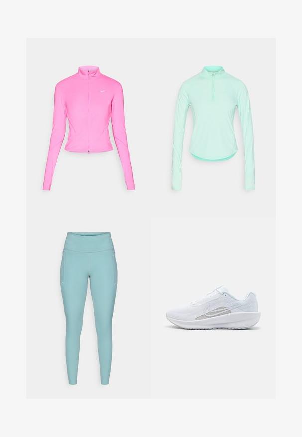 Ružová športová bunda s vysokým golierom, dlhými rukávmi a predným zipsom. Obsahuje malé strieborné logo na ľavom prsníku. Hladká textúra.; Mätovo zelené športové tričko s dlhým rukávom a zipsovým golierom, so priliehavým strihom a hladkým, ľahkým materiálom.; Svetlomodré legíny vyrobené z elastického materiálu, s vysokým pásom, bezšvovým dizajnom a minimálnymi bielymi akcentmi po stranách.; Biele atletické topánky s priedušným zvrškom, okrúhlym prstom a štruktúrovanou podrážkou. Obsahuje strieborný Nike swoosh a minimalistický dizajn.