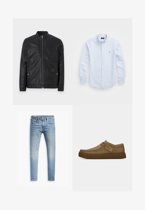 Zwarte leren jas met een hoge kraag, verticale ritsen, gestikte schouderaccenten en zijzakken. Gladde, matte textuur.; Lichtblauw en wit gestreept overhemd met knopen, een kraag, lange mouwen en een klein geborduurd logo op de borst. Katoenen materiaal.; Lichtblauwe slim-fit jeans met een lichte vervaging op de dijen, knoopsluiting aan de voorkant, riemlussen en vijf-pocket styling op een witte achtergrond.; Lichtbruine suède schoenen met een ronde neus, gestikte details en een geribbeld bruine rubberen zool. Bevat een zijlabel met het "Clarks" logo.