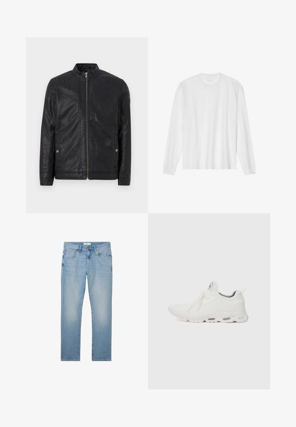 Veste en cuir noir avec un col haut, zips verticaux, accents matelassés aux épaules et poches latérales. Texture lisse et mate.; T-shirt en coton blanc à manches longues avec un col rond et des poignets côtelés. Design simple et sans ornements, avec une texture lisse et une coupe standard.; Jean en denim bleu clair avec une coupe droite, comportant cinq poches, un bouton de fermeture et un léger délavage sur l'ensemble.; Baskets blanches de sport avec un dessus en maille texturée, des lacets plats et une semelle rembourrée avec des chambres à air visibles pour un soutien supplémentaire.