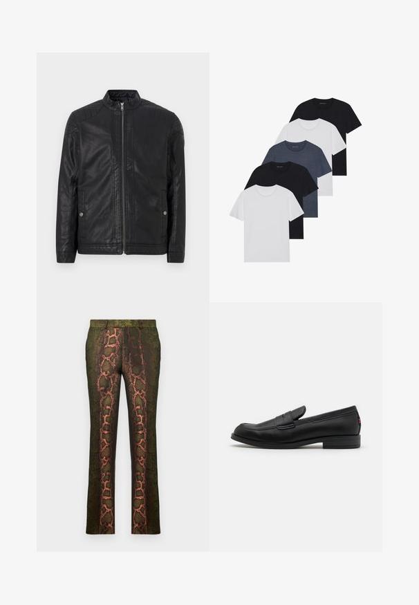 Juodas odinis švarkas su aukštu apykakle, vertikaliais užtrauktukais, iškilusiais peties akcentais ir šoninėmis kišenėmis. Lygus, matinio paviršiaus tekstūra.; Penki marškiniai juodos, baltos ir mėlynos spalvos. Pagaminti iš medvilnės, trumpomis rankovėmis, su apvaliu kaklu, be raštų.; Žalios raštuotos kelnytės su gyvatės rašto dizainu, puikiai derančiais rudos ir oranžinės spalvomis, tiesaus kirpimo ir lygia tekstūra.; Juodos odinės loafers' tipo bateliai su lygia apdaila, apvalia nosimi ir maža dekoratyvine kišenėle. Turi žemą sukrauto kulno ir subtilų prekės ženklo detalę.