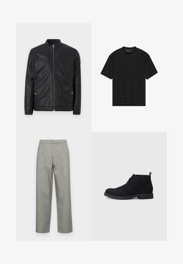 Jachetă din piele neagră cu guler înalt, fermoare verticale, accente matlasate pe umeri și buzunare laterale. Textură netedă, mată.; Tricou negru cu mânecă scurtă, având dungi orizontale subțiri albe. Fabricat dintr-un material moale, cu decolteu rotund și croi lejer.; Pantaloni gri tăiați, dintr-un material texturat, cu un design drept, pliuri frontale și un talie standard cu bucle pentru curea.; Botine din suede negru, la gleznă, cu vârful rotund, design cu șireturi și talpă din cauciuc texturat. Prezintă un mic burete în partea din spate.