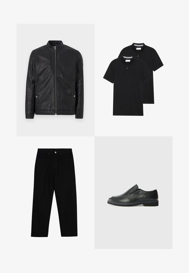 Crna kožna jakna s visokim ovratnikom, vertikalnim zatvaračima, kviltiranim naglascima na ramenima i bočnim džepovima. Glatka, mat tekstura.; Dva crna polo majice, kratki rukavi, pamučni materijal, sa klasičnom ovratnikom, čepom sa dva gumba i bijelim prugastim detaljima unutar ovratnika.; Crne traper hlače s ravnim krojem, dizajnom s pet džepova i prednjim kopčanjem na dugme. Glatka tekstura s minimalnim detaljima šivanja.; Crne kožne cipele na sklapanje s glatkom gornjom površinom, prošivenim detaljima, zaobljenim vrhom i niskim gumene potplate. Potplat ima minimalne uzorke.