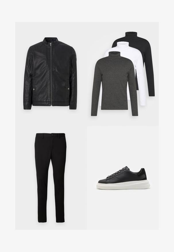 Schwarze Lederjacke mit hohem Kragen, vertikalen Reißverschlüssen, gesteppten Schulterakzenten und Seitentaschen. Glatte, matte Textur.; Drei langärmelige Rollkragenpullover in Dunkelgrau, Weiß und Schwarz. Aus weichem Stoff mit geripptem Rollkragen-Design und taillierten Ärmeln.; Schwarze Slim-Fit-Hosen mit Gürtelschlaufen, Vorderknopf und Reißverschluss, auf einem schlichten hellen Hintergrund präsentiert.; Schwarze Ledersneaker mit einer weißen Gummisohle, ausgestattet mit flachen Schnürsenkeln und markierten Ösen. Weiche Textur mit einem kontrastierenden Seitenakzent.