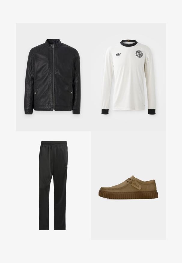 Črna usnjena jakna z visokim ovratnikom, navpičnimi zadrgami, prešito ramenskim poudarkom in stranskimi žepi. Gladka, mat tekstura.; Bela dolga majica za nogomet z ribasto teksturo, črnimi ovratnikom in manšetami, z črnim logotipom Adidas in krožno grafično emblem.; Črne atletske hlače iz gladkega, lahkega materiala. Imajo elastičen pas in bele stranske črte z logotipom na stegnu.; Svetlo rjave antilop čevlje z ovalnim nosom, šivi in ribasto rjavo gumijasto podplat. Ima stransko oznako z logotipom "Clarks".