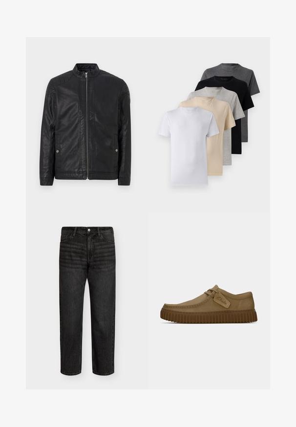 Sort læderjakke med høj krave, lodrette lynlåse, kviltede skulderdetaljer og sidelommer. Glat, mat tekstur.; Sæt af fem kortærmede t-shirts i hvid, beige, lys grå, mørk grå og sort. Fremstillet af glat bomuld med rund halsudskæring.; Sorte denimjeans med lige snit, der har en mellemhøj talje, fem lommer og metalknaplukning. Blød tekstur med let bleget effekt.; Lysebrune ruskindsko med rund tå, syet detaljer og en ribbet brun gummisål. Har et sidemærke med "Clarks" logo.