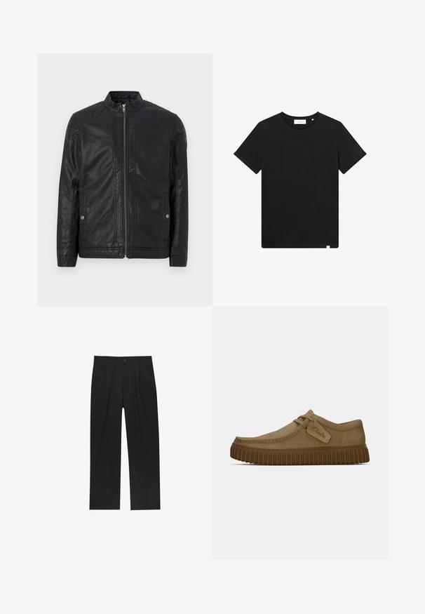 Veste en cuir noir avec un col haut, zips verticaux, accents matelassés aux épaules et poches latérales. Texture lisse et mate.; T-shirt noir à manches courtes en coton, avec un col rond et un petit logo brodé sur la poitrine. Texture lisse, coupe standard.; Pantalons noirs au design droit, fabriqués à partir d'un tissu lisse. Dotés de plis sur le devant et d'une fermeture à un bouton à la taille.; Chaussures en daim brun clair avec un bout arrondi, des détails cousus et une semelle en caoutchouc brun striée. Présente une étiquette latérale avec le logo "Clarks".
