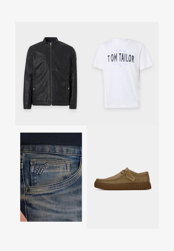 Zwarte leren jas met een hoge kraag, verticale ritsen, gestikte schouderaccenten en zijzakken. Gladde, matte textuur.; Witte katoenen t-shirt met ronde hals en korte mouwen. Voorzien van blauwe en zwarte bedrukte tekst: "TOM TAILOR," "STREETS OF HAVANA," en cijfers.; Blauwe spijkerbroek met een vervaagde textuur, voorzien van een muntzakje en een zwart logo-accent aan de voorkant. De tailleband is gemaakt van donkerblauw geribd stof.; Lichtbruine suède schoenen met een ronde neus, gestikte details en een geribbeld bruine rubberen zool. Bevat een zijlabel met het "Clarks" logo.