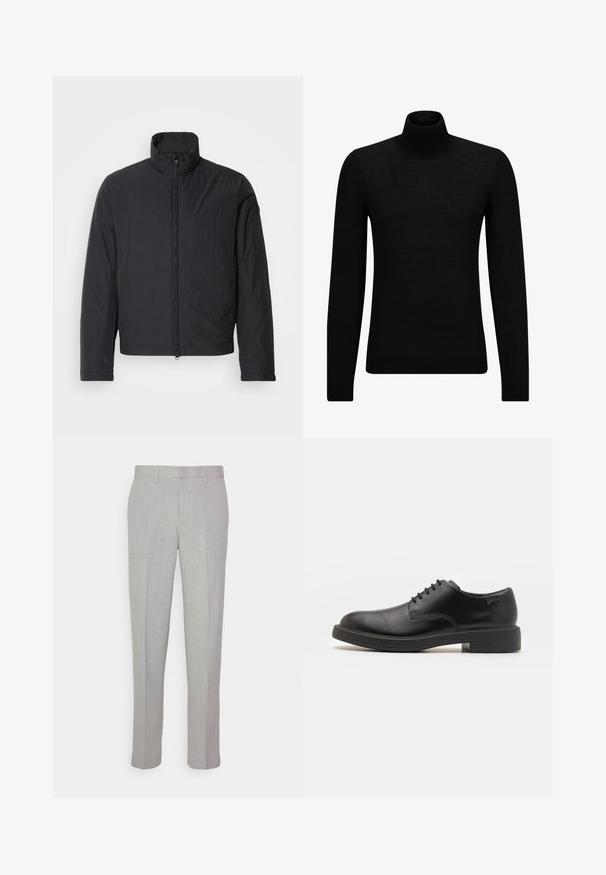 Juodas lengvas švarkas su aukštu apykakle, priekiniu užtrauktuku ir ilgomis rankovėmis. Pagamintas iš susiraukšlinto audinio, jis turi minimalistinį dizainą.; Juodas aukšto kaklo megztinis, pagamintas iš minkštos medžiagos, su ilgomis rankovėmis ir prigludusia forma. Su raukiniais apačioje ir rankogaliuose. Paprastas dizainas.; Šviesiai pilki kelnės su lygiu paviršiumi, plokščiu priekiu ir tiesiomis kojomis. Pagamintos iš kvėpuojančios medžiagos, su vidinėmis kišenėmis ir diržo kilpomis.; Juodas odinis batų modelis su raišteliais, apvaliu nosiu, lygiu paviršiumi, minimaliai siuvinėjimu ir žemu guminėmis pakulne. Ant pakulnės šalia logo.