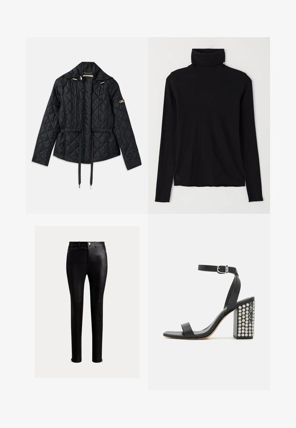 Černá prošívaná bunda s kapucí, s nařaseným pasem, dvěma předními kapsami, zlatými kovovými detaily a stahovacími šňůrkami pro úpravu.; Černý rolák vyrobený z žebrované tkaniny. Dlouhé rukávy, přiléhavý střih a mírně uvolněný lem bez viditelných vzorů nebo kovových doplňků.; Černé, těsně přiléhající kalhoty vyrobené z hladké kůže. Mají boční kapsy na zip a kontrastní zlaté kovové detaily na kotnících.; Černé kožené sandály na podpatku s páskem kolem kotníku. Mají čtveratou špičku, hladký povrch a čtvercový blokový podpatek zdobený stříbrnými hroty.