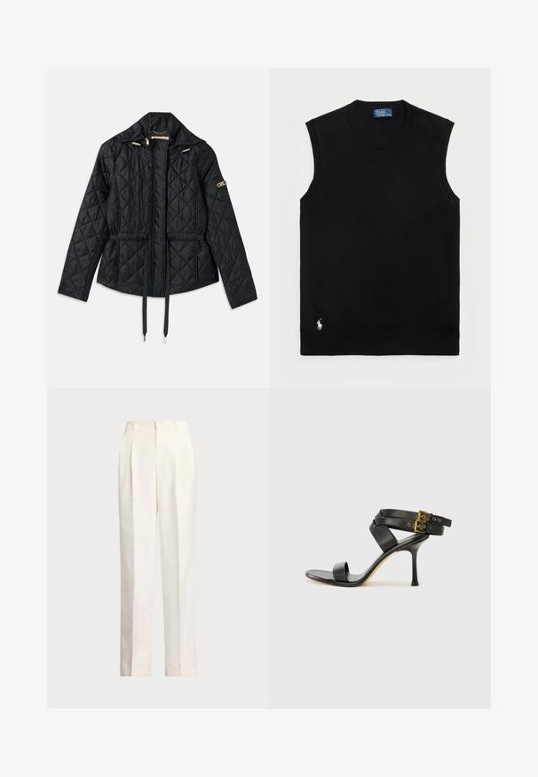 Schwarze gesteppte Jacke mit Kapuze, mit tailliertem Schnitt, zwei Fronttaschen, goldenen Hardware-Akzenten und verstellbaren Kordeln.; Schwarzer ärmelloser Baumwollpullover mit rundem Ausschnitt. Enthält ein kleines weißes Logo in der unteren linken Ecke und gerippte Abschlüsse.; Polo Ralph Lauren HEMP WIDE LEG PANT - Stoffhose - nevis; Schwarze Absatzsandale mit gekreuzten Riemen und verstellbarem Schnallenverschluss. Sie verfügt über eine glatte Textur und einen schmalen Stiletto-Absatz.