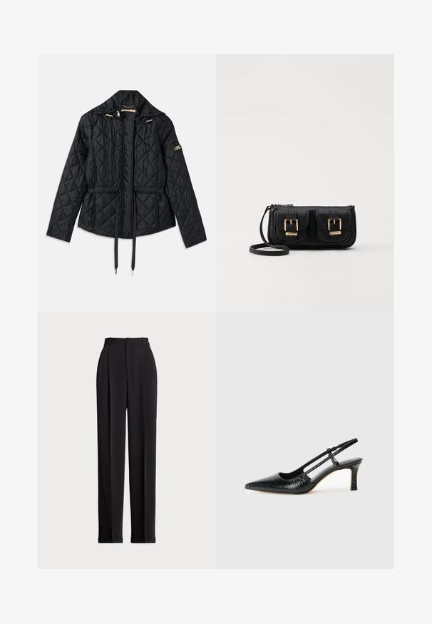 Schwarze gesteppte Jacke mit Kapuze, mit tailliertem Schnitt, zwei Fronttaschen, goldenen Hardware-Akzenten und verstellbaren Kordeln.; Schwarzes Baumwoll-T-Shirt mit kurzen Ärmeln, Rundhalsausschnitt und kleinem weißen Logo unten links. Klassische, kastige Passform mit minimaler Detailgestaltung.; Schwarze, taillierte Hose mit hoher Taille, mit Falten vorne, geradem Bein-Design und umgeschlagenem Saum. Aus glattem Stoff gefertigt.; Schwarze Lack-Slingback-Pumps mit spitzem Zehenbereich, versehen mit strukturiertem Schlangenprint, verstellbarem Riemen und einem kurzen, strukturierten Blockabsatz.; Schwarze Leder-Umhängetasche mit zwei vorderen Taschen, goldenen Schnallen, Reißverschluss und einem schmalen Tragegurt. Texturierte Oberfläche und kompakte rechteckige Form.