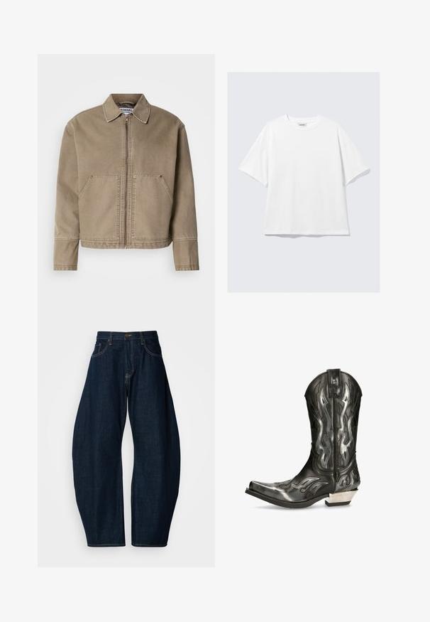 Khaki katoenen jacket met een rits aan de voorkant, een puntige kraag, twee grote voorzakken en gestikte details op de randen en naden.; Witte T-shirt met korte mouwen, losse pasvorm, ronde hals, zachte stof en minimale stikdetails. Geen zichtbare logo's of patronen.; Donkerblauwe denim jeans met een wijde broekspijpen ontwerp, met opvallende stiksels, vijf zakken en een messing knoopsluiting op de tailleband.; Zwarte leren cowboylaars met zilveren vlampatronen, spitse neus en een lage zilveren hak. Beschikt over stikdetails en een treklabel.