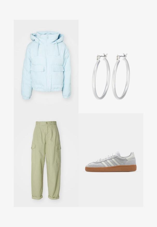 Svijetlucavo plava puf jakna od kordura s kapuljačom, koja ima prednji zip, dva velika džepa i elastične manžete za čvrsto prianjanje.; Bijela rebrasta dugosveđa majica s okruglim izrezom. Izrađena od rastezljivog materijala koji se prilagođava tijelu. Sadrži suptilne horizontalne linije.; Svijetlozelene cargo hlače od pamučne tkanine. Imaju visok struk, uvijene manžete i dva bočna cargo džepa za dodatnu praktičnost.; Svijetlosivi nubuk tenisice s bijelim kožnim detaljima, tri bijele pruge i smeđa gumena potplat, s podstavljenim ovratnikom radi udobnosti.; Srebrne kružne naušnice s glatkom, poliranom površinom. Okrugli oblik i sigurno kopčanje na klik. Lagani dizajn pogodan za svakodnevno nošenje.