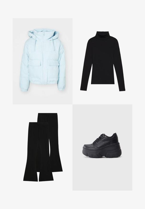 Helle blaues Cord-Puffer-Jacke mit Kapuze, ausgestattet mit einem Frontreißverschluss, zwei großen Taschen und elastischen Bündchen für einen snug fit.; Schwarzes langärmeliges Turtleneck-Oberteil aus geripptem Stoff, mit einer taillierten Passform, hohem Kragen und ohne Muster oder Akzente.; Schwarze, ausgestellte Hose aus elastischem Stoff, mit hohem Bund und glatter Textur, die eng anliegt und ab dem Knie ausgestellt ist.; Schwarze Schnürsneaker mit einer klobigen Sohle, ausgestattet mit einem glatten Leder-Obermaterial, runder Zehenpartie und markantem, geschichteten Plattformdesign.