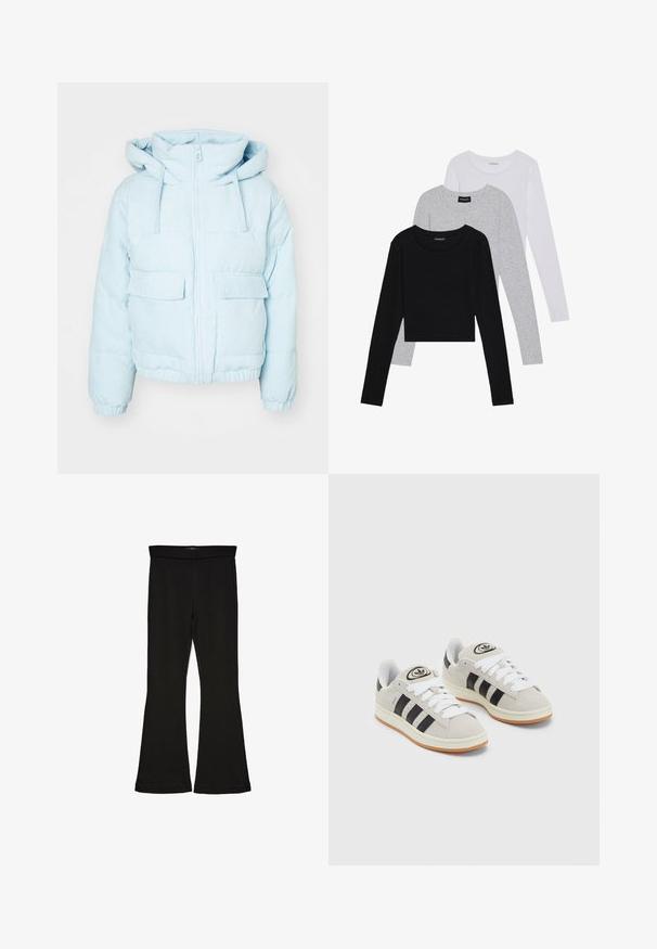 Veste matelassée en corduroy bleu clair avec une capuche, dotée d'une fermeture éclair à l'avant, de deux grandes poches et de poignets élastiques pour un ajustement confortable.; Trois hauts à manches longues empilés : noir, gris et blanc. Chacun a un col rond et un design court avec un tissu lisse et léger.; Leggings évasés noirs en tissu extensible. Présentent une taille large et une texture lisse, avec une coupe ajustée qui s'évasent au bas.; Baskets en suède gris avec des lacets blancs, des rayures noires et une semelle en caoutchouc blanc. Présentent un logo circulaire sur la languette et une semelle en gomme.