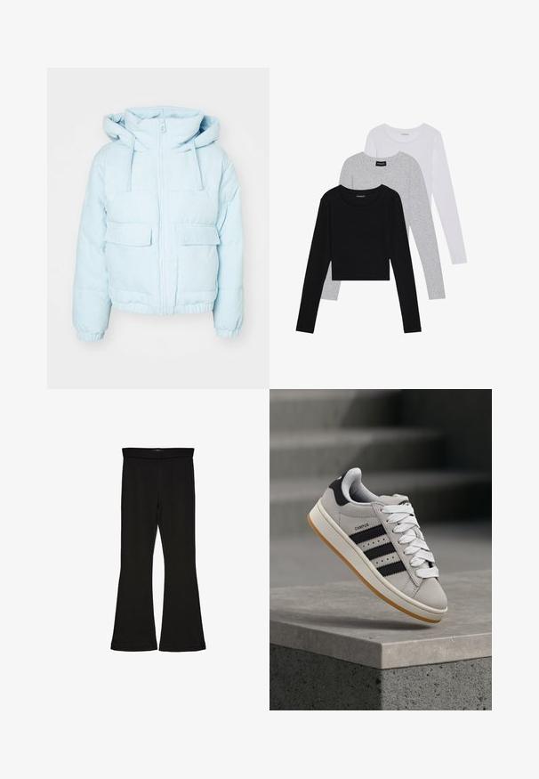 Helle blaues Cord-Puffer-Jacke mit Kapuze, ausgestattet mit einem Frontreißverschluss, zwei großen Taschen und elastischen Bündchen für einen snug fit.; Drei langärmelige Oberteile gestapelt: schwarz, grau und weiß. Jedes hat einen runden Halsausschnitt und ein kurzes Design aus glattem, leichtem Stoff.; Schwarze Schlagleggings aus dehnbarem Stoff. Sie verfügen über einen breiten Bund und eine glatte Textur, mit einer enganliegenden Silhouette, die am Saum ausgestellt ist.; Grauer Adidas Campus Sneaker mit schwarzen Streifen und weißen Schnürsenkeln, der über einer Betonmauer schwebt, mit Treppen im Hintergrund.