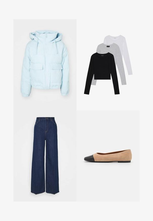 Lyseblå kordfløyel pufferjakke med hette, med glidelås foran, to store lommer og elastiske mansjetter for en tett passform.; Tre lange ermer t-skjorter stablet: svart, grå og hvit. Hver har en rund hals og et kort design med glatt, lett stoff.; Høyt liv vidbukse i mørk blå denim med front- og baklommer, knappelukking, og synlige sømdetaljer.; Beige semsket ballettsko med svart lær rund tåhette, lav hæl og glatt tekstur, med minimal søm og et rent design.