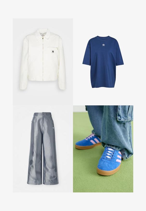 Giacca in denim bianco con colletto, zip dorata e tasca sul petto sinistro con logo. Texture morbida e silhouette informale.; T-shirt in cotone blu con maniche corte, scollo rotondo e logo Adidas bianco sul petto. Design semplice e dalla vestibilità rilassata.; Pantaloni a gamba larga in materiale grigio lucido, con strisce laterali bianche e un motivo a fiamma sulla parte inferiore delle gambe. Chiusura con bottone e zip in vita.; Scarpe scamosciate blu con strisce rosa e lacci bianchi, dotate di una suola in gomma, abbinate a pantaloni di denim larghi su una superficie verde.