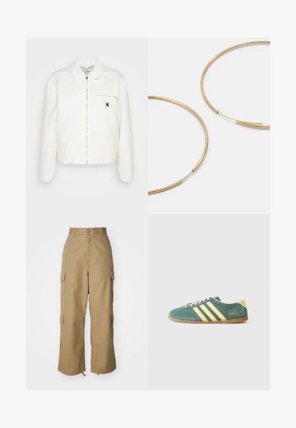 Baltos džinsinės striukės su apykakle, auksiniu užtrauktuku ir kairėje krūtinės pusėje esančia kišene su logotipu. Minkšta tekstūra ir laisvas siluetas.; Du du baltos medvilnės trumpomis rankovėmis marškiniai, su apvaliu iškirpimu ir prigludusia siluetu, turintys lygią tekstūrą ir minimalistinį dizainą.; Šviesiai rudos spalvos cargo kelnės su aukštu liemeniu, plačiomis kojomis ir keturiomis didelėmis šoninėmis kišenėmis. Pagamintos iš patvarios medžiagos su lygiu paviršiumi ir minimaliais detalėmis.; Žalios suede bateliai su geltonais akcentais ir trimis juostelėmis. Išlenktas pirštas, plokščias gumos padas ir ryškus prekės ženklo logotipas šone.; Aukso spalvos žiedo auskarai, ploni ir apvalūs, su lygiu metaliniu paviršiumi be papuošimų ar raštų.