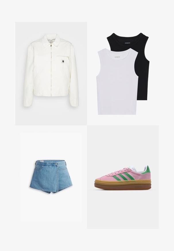 White denim jacket with a collared neckline, gold zipper, and a left chest pocket featuring a logo. Soft texture and casual silhouette.; Two sleeveless tops in black and white, made of ribbed cotton, featuring round necklines and a fitted design. Labels visible on both.; Denim shorts in light blue, featuring a wrap design, front pockets, and a metal button closure. Smooth texture with stitched edges.; Pink suede sneakers with green stripes, white accents, and a brown rubber sole. Features textured fabric and logo detailing on the side.