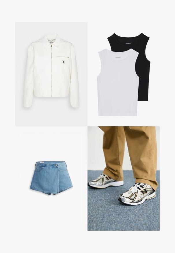 Fehér farmerdzseki, galléros nyakkal, arany cipzárral és bal oldali zsebével, amelyen logó található. Puha tapintás és laza szabás.; Két ujjatlan felső fekete és fehér színben, bordás pamutból készült, kerek nyakkivágással és testhez simuló fazonnal. Mindkettőn látható címke.; Világoskék farmer rövidnadrág, csavart kialakítással, elülső zsebekkel és fémből készült gombos záródással. Sima textúra, varrott szélekkel.; Fehér és ezüst New Balance sportcipők fekete részletekkel és fűzőkkel, hálós felsőrésszel, párnázott talppal és dinamikus designnal.