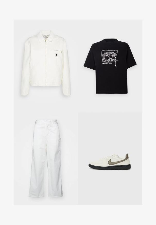 Baltos džinsinės striukės su apykakle, auksiniu užtrauktuku ir kairėje krūtinės pusėje esančia kišene su logotipu. Minkšta tekstūra ir laisvas siluetas.; Juodas medvilnės marškinėliai su trumpomis rankovėmis. Priekyje yra balta voratinklio grafika ir logotipas. Paprastas apvalus iškarpymas.; Balti plačios kojos kelnės, pagamintos iš medvilnės, turinčios lygią tekstūrą, tiesų siluetą, priekinės kišenės ir švarų apvado kraštą.; Nike Sportswear FIELD GENERAL - Sportbačiai - off-white/black