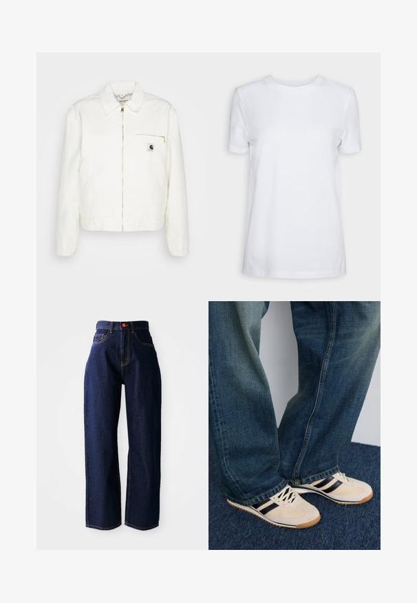 White denim jacket with a collared neckline, gold zipper, and a left chest pocket featuring a logo. Soft texture and casual silhouette.; White short-sleeve t-shirt made of cotton. Crew neck design with a smooth texture and no visible patterns or accents. Basic style.; Dark blue denim trousers with a high waist, straight leg design, visible stitching, and a red button accent at the waistband.; Cream sneakers with black stripes and mesh panels, paired with blue denim jeans featuring a faded finish and frayed hem.