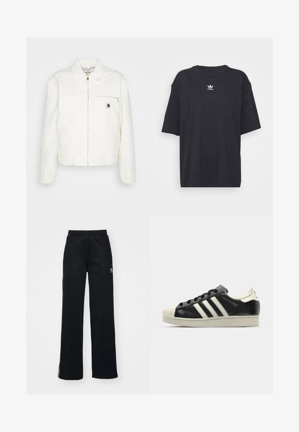 Valge denimist jakk, millel on kraega kaelus, kuldne tõmblukk ja vasakul rinnal tasku logoga. Pehme tekstuur ja vaba vorm.; Must must t-särk lühikeste varrukatega, ümmargune kaelus, rinnal valge Adidas logo. Lihtne disain, mugav lõige.; Mustad mustat spordipüksid, vabalt istuv, paelaga talje, külgedel lukuga taskud ja vasakul jalal diskreetne valge brändimine.; Must have nahkased mustad tossud valgete triipudega, kummist varbakattega, mustade paeltega ja kreemika värvusega tallaga. Sile tekstuur ja läikiv viimistlus.
