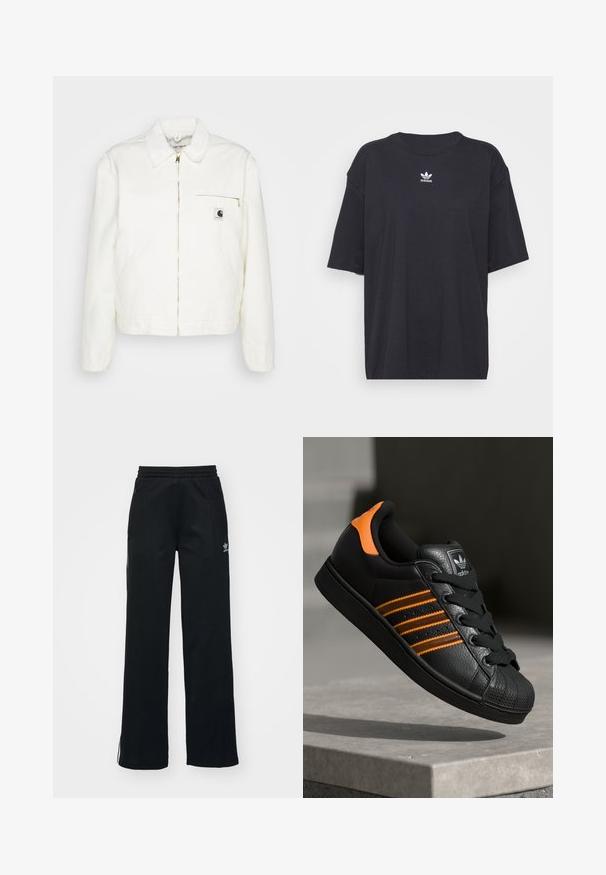Vit denimjacka med krage, guldfärgad dragkedja och en vänster bröstficka med logotyp. Mjuk textur och avslappnad silhuett.; Svart bomullströja med korta ärmar, rund halsringning, har en vit Adidas-logotyp på bröstet. Enkel design, avslappnad passform.; Svarta träningstights med avslappnad passform, dragsko i midjan, sidofickor med dragkedja och diskret vit logotyp på vänster ben.; Svart sneakers med orange detaljer, tre horisontella ränder, texturerad läderöverdel, gummitåhuvud och svarta snören.