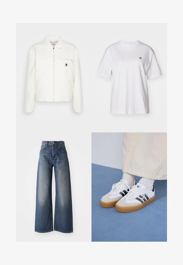 Weiße Jeansjacke mit kragenförmigem Ausschnitt, goldenem Reißverschluss und einer Brusttasche auf der linken Seite mit Logo. Weiche Textur und lässige Silhouette.; Weißes Baumwoll-T-Shirt mit lockerem Schnitt, kurzen Ärmeln und einem kleinen gestickten Logo auf der linken Brustseite.; Blaue hoch taillierte Schlagjeans mit vorderem Knopf und Taschen, verblasste Textur an den Oberschenkeln und geradem Saum.; Weiße Sneaker mit schwarzen Streifen und beigen Wildlederakzenten. Besitzen eine strukturierte Gummisohle und flache weiße Schnürsenkel, getragen mit hellen Socken.