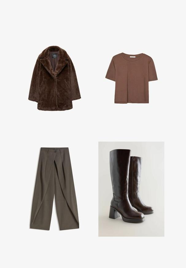 Cappotto in pelliccia sintetica marrone con ampio rever, chiusura a un bottone e vestibilità rilassata. Morbida texture e silhouette leggermente oversize.; Maglietta a maniche corte marrone realizzata in tessuto morbido, con scollatura rotonda e vestibilità rilassata. Nessun motivo o dettaglio visibile.; Pantaloni a gamba larga realizzati in un tessuto testurizzato grigio scuro. Presentano una piega frontale, chiusura con bottone e tasche laterali per praticità.; Stivali in pelle marrone al ginocchio, con punta arrotondata, tacco a blocco e cerniera laterale. Texture liscia con dettagli di cucitura sottili.