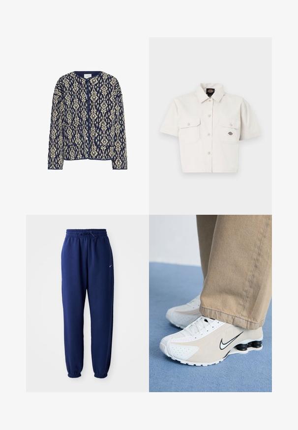Jakna v mornarsko modri in kremni barvi s potiskom, okrogli ovratnik, zapiranje na gumb in dvema sprednjima žepoma; teksturirana tkanina s cvetličnimi motivi po vsej površini.; Bela kratka majica s kratkimi rokavi iz bombaža, s dvema žepoma na prsih, gumbom na sprednji strani in logotipom na levem žepu.; Temno modri trenirka hlače iz mehkega blaga, z elastičnim pasom in vrvico, elastičnimi manšeti ter majhnim belim logotipom.; Bele in bež Nike superge s perforiranim dizajnom, črnim swoosh logotipom, teksturiranim zgornjim delom in značilnim pomičnim črnim petnikom.