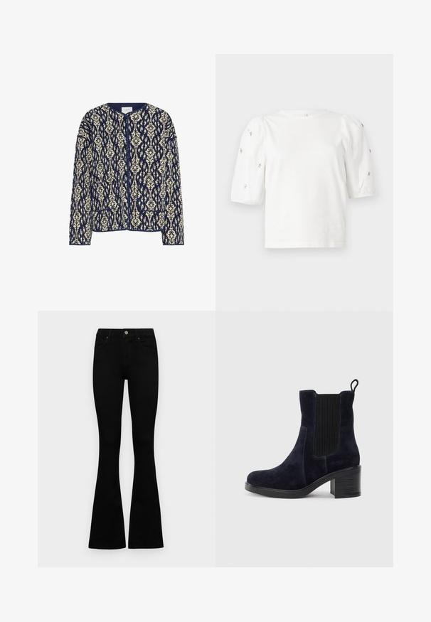Jachetă cu model bleu marin și crem, cu guler rotund, închidere cu nasturi și două buzunare frontale; țesătură texturată cu motive florale pe întreaga suprafață.; Tricou alb din bumbac cu mâneci scurte tip bufantă, având mici embellisheuri argintii pe mâneci. Decolteu clasic rotund, croială lejeră.; Jeans negri cu talie înaltă, cu închidere prin nasture și fermoar, buzunare frontale și picioare evazate, așezați pe un fundal alb.; Botine din suede de culoare bleumarin, cu panou elastic pe lateral, vârf rotunjit și toc pătrat. Materialul texturat și talpa netedă oferă un contrast.