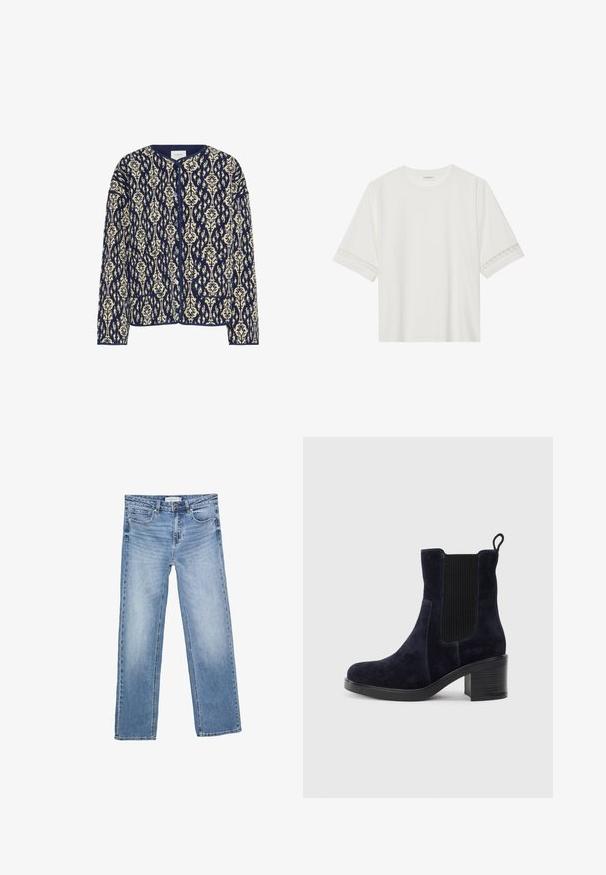 Marineblå og cremefarvet mønstret jakke med rund halsudskæring, knaplukning og to frontlommer; tekstureret stof med blomsterdesigns overalt.; Hvid kortærmet t-shirt lavet af bomuld, med dekorativ blondekant langs ærmerne og en rund halsudskæring.; Straight-leg blå denim jeans med en falmet vask, fem lommer og en klassisk knaplukning. Lavet af bomuldsstof med tydelig syning.; Marineblå ruskindsankelstøvle med elastisk sidepanel, rund tå og blokhæl. Struktureret stof og glat sål giver kontrast.
