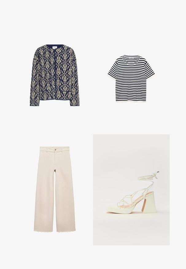Námornícky a smotanovo biele vzorované sako s okrúhlym výstrihom, zapínaním na gombíky a dvoma prednými vreckami; texturovaná tkanina s kvetinovými vzormi po celom povrchu.; Prúžkované tričko vyrobené z bavlny, s tmavomodrými a bielymi horizontálnymi pruhmi, má okrúhly výstrih a krátke rukávy. Hladká textúra.; Beige široké džínsy s vysokým pásom, s gombíkovým zapínaním, prednými vreckami a rozstrapkaným lemom. Vyrobené z denimu.; Biele sandále na vysokom opätku s hrubým podpätkom, s pruhovaným dizajnom a viazaním na členku. Hladký povrch s platformou vpredu pre zvýšenú výšku.