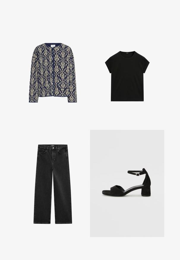 Marineblau- und cremefarbener gemusterter Blazer mit Rundhalsausschnitt, Knopfverschluss und zwei Fronttaschen; strukturierten Stoff mit blumigen Motiven überall.; Schwarzes kurzärmeliges T-Shirt mit Rundhalsausschnitt und geradem Saum, flach auf einem weißen Hintergrund präsentiert.; Weite schwarze Denim-Jeans mit feinem vertikalen Streifenmuster, ausgestattet mit einem Fünf-Taschen-Design und einem klassischen Knopfverschluss an der Taille.; Schwarze Wildleder-Espadrilles mit einem dünnen Knöchelriemen, offener Zehenpartie und moderatem Blockabsatz. Glatte Textur und minimale Akzente.