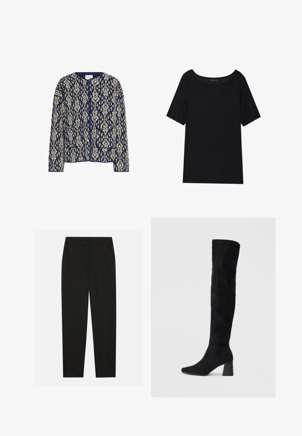 Tumesinine ja kreemikas mustriga jakk, ümara kaelusega, nööbiga kinni ja kahe esipocketiga; tekstuuriga kangas, millel on lillemotiivid üle kogu pinna.; Must have lühikeste varrukatega must T-särk, millel on avar kaelus. Valmistatud pehmest ja kergest kangast. Lihtne disain, ilma mustrite või lisanditeta.; Mustad püksid, millel on kohandatud disain, küljetaskud ja sirge sääreosa. Valmistatud sileda, kerge kangaga, millel on peen viimistlus.; Must must ümberpööratud musta nahast põlve kõrgune saapad blokknõelaga, terava varbaga ja sujuva, õmblusteta disainiga, asetatud heledale taustale.